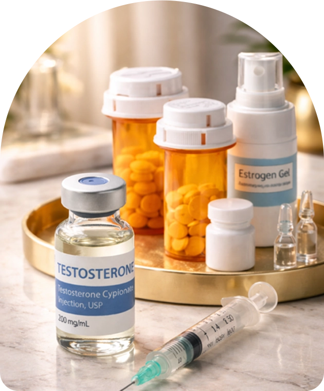 A vial labeled ‘Testosterone Cypionate Injection’ sits on a countertop beside a syringe. Behind it, a tray holds two amber pill bottles filled with tablets, a container labeled ‘Estrogen Gel,’ small white supplement bottles, and two clear ampoules.