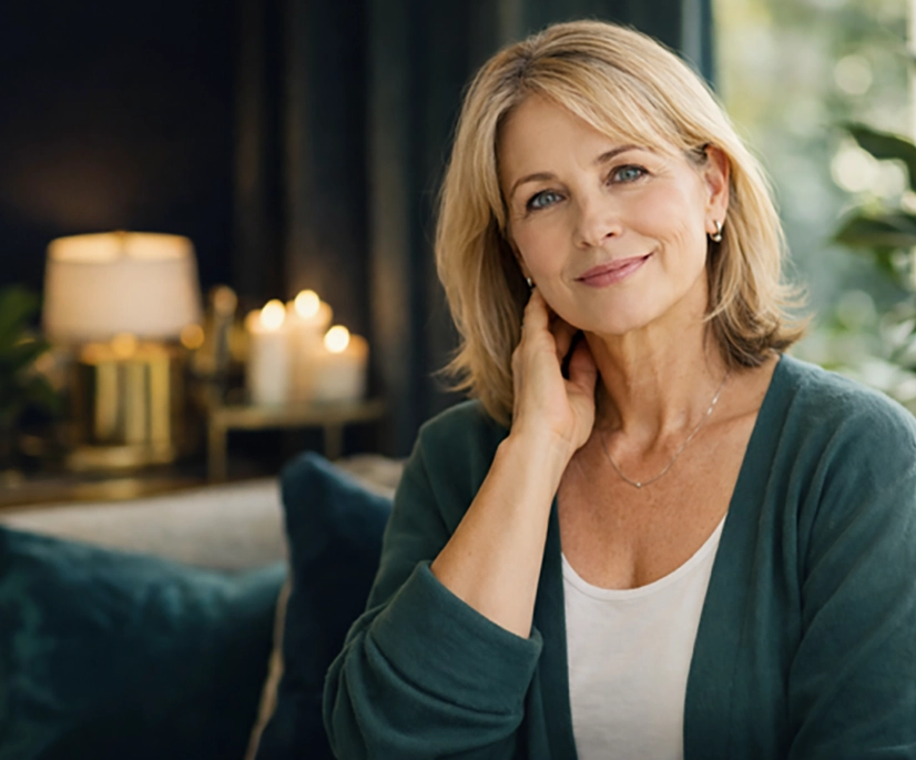 A person with light-colored hair sits indoors wearing a teal cardigan over a white top, resting one hand on the side of the neck. The background features a softly lit room with candles, plants, and dark-toned décor creating a warm, serene atmosphere.
