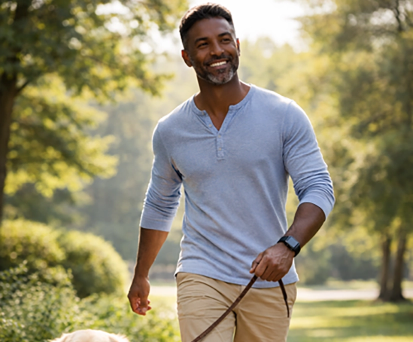A person wearing a light blue long‑sleeve shirt, tan shorts, and athletic shoes walks along a tree‑lined park path while holding the leash of a golden retriever. The dog walks beside the person with its mouth open and tongue visible. Sunlight filters through the trees, creating a warm outdoor setting.