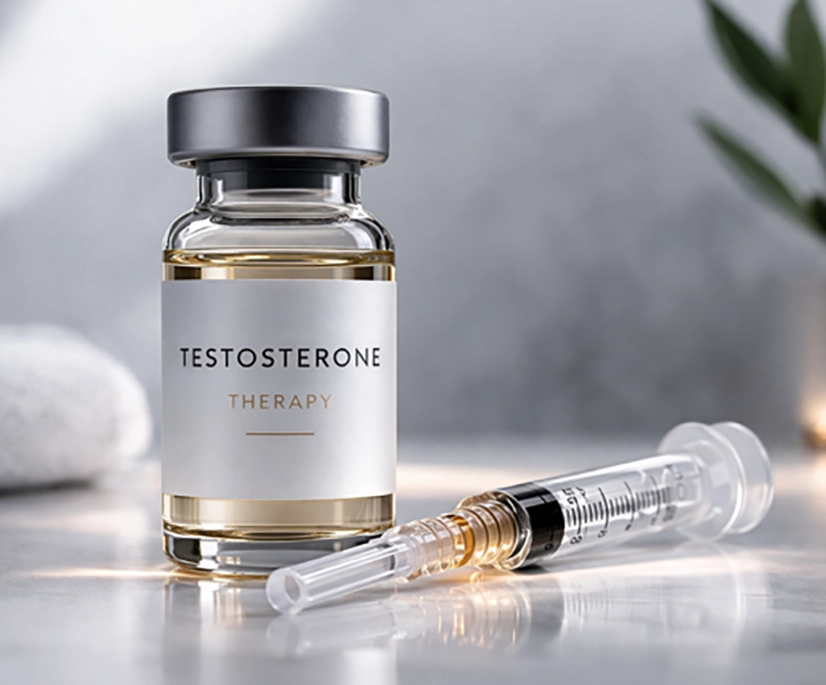 A glass vial labeled ‘Testosterone Therapy’ sits on a smooth surface with a filled syringe lying in front of it. The background includes soft lighting, a folded white towel, and a small plant in a blurred container, creating a clinical yet calm setting.