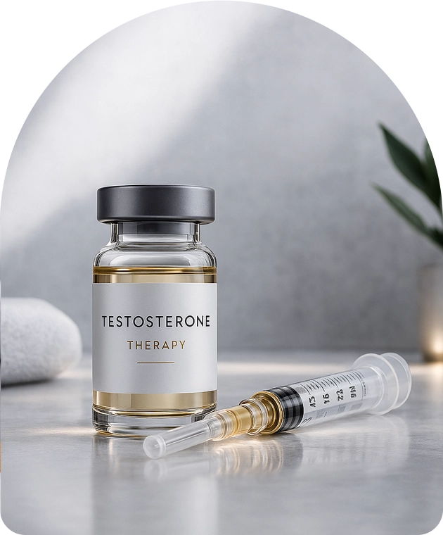 A glass vial labeled ‘Testosterone Therapy’ sits on a smooth surface with a filled syringe lying in front of it. The background includes soft lighting, a folded white towel, and a small plant in a blurred container, creating a clinical yet calm setting.